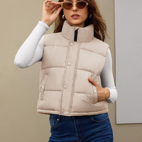 Womens Puffer Vest Sleeveless Puffy Cropped Vests Stand Collar Vest Lightweight - Picture 3 of 4